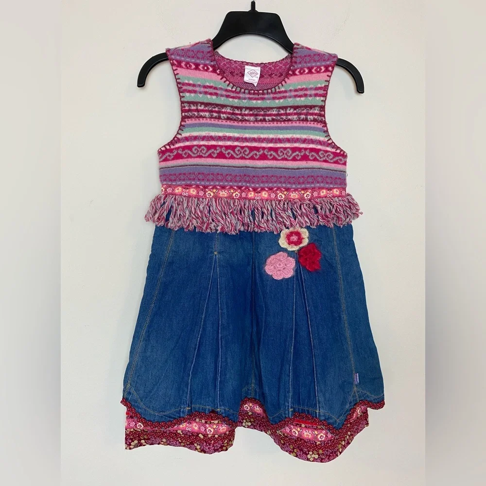 Oilily Girls Boho Dress Fair Isle Sweater Denim Floral Fringe Size 116 (US Sz 6)